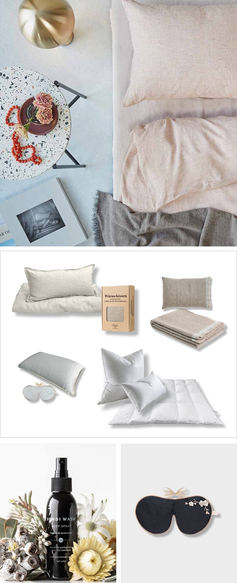 Collage aus Bildern und geeigneten Produkten aus dem RAUM Concept store zu dem Thema Schlaf